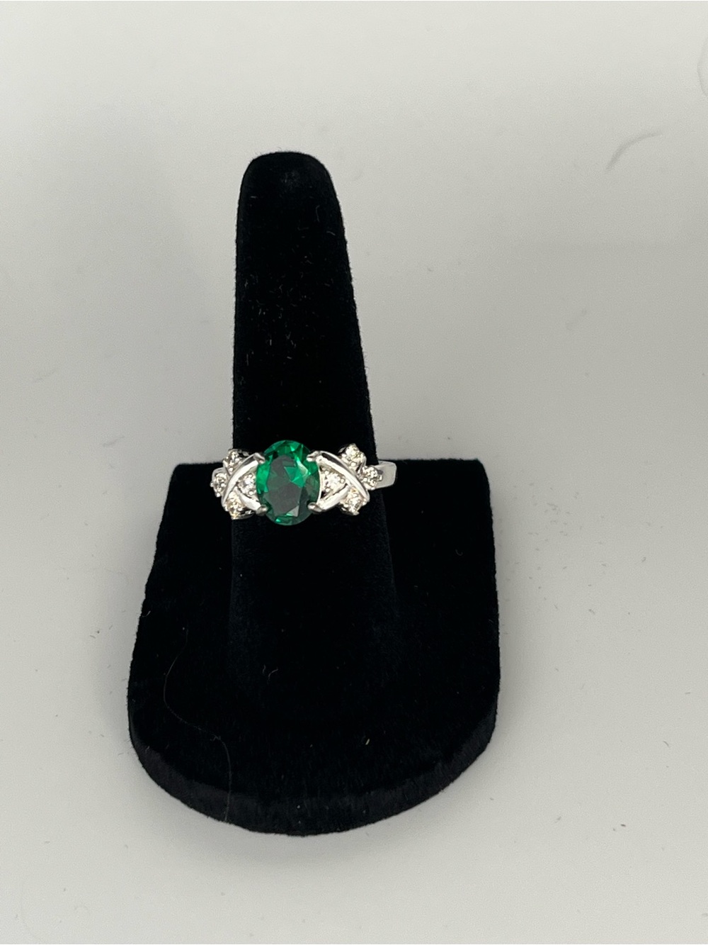 Green Oval Crystal Ring with Silver Accents
